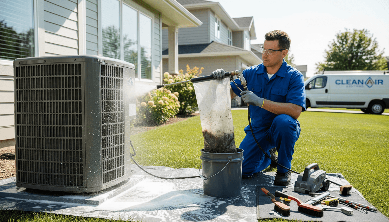 Heat pump technician at work performing professional deep cleaning service