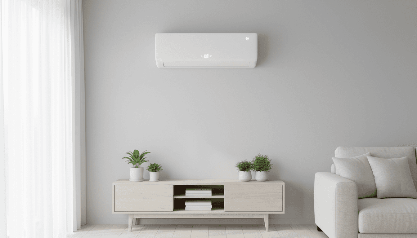 Clean white heat pump mounted on a wall in a bright, tidy living room