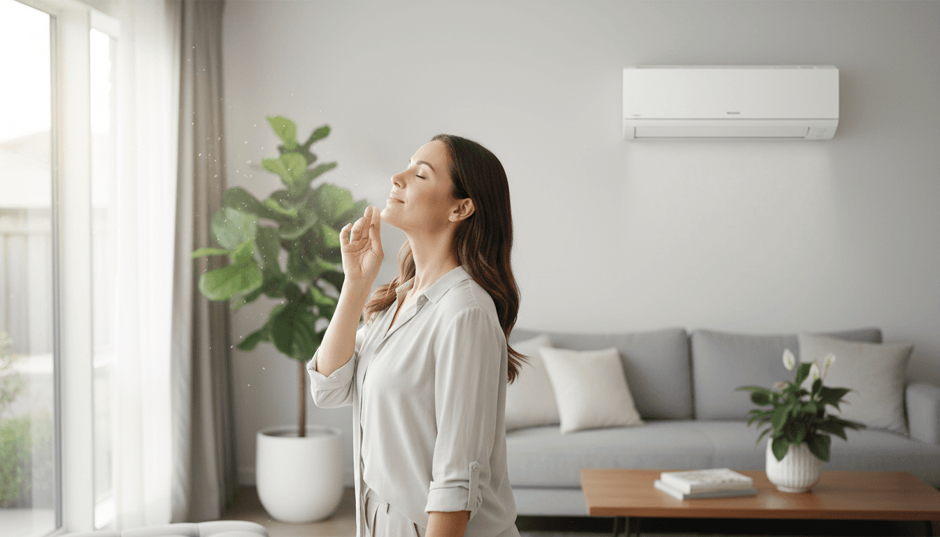 Satisfied homeowner enjoying clean, fresh air from their heat pump unit in a bright living room