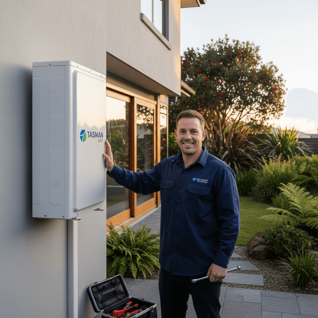 EcoPure HP Tasman technician providing heat pump cleaning service to local Tasman homeowner