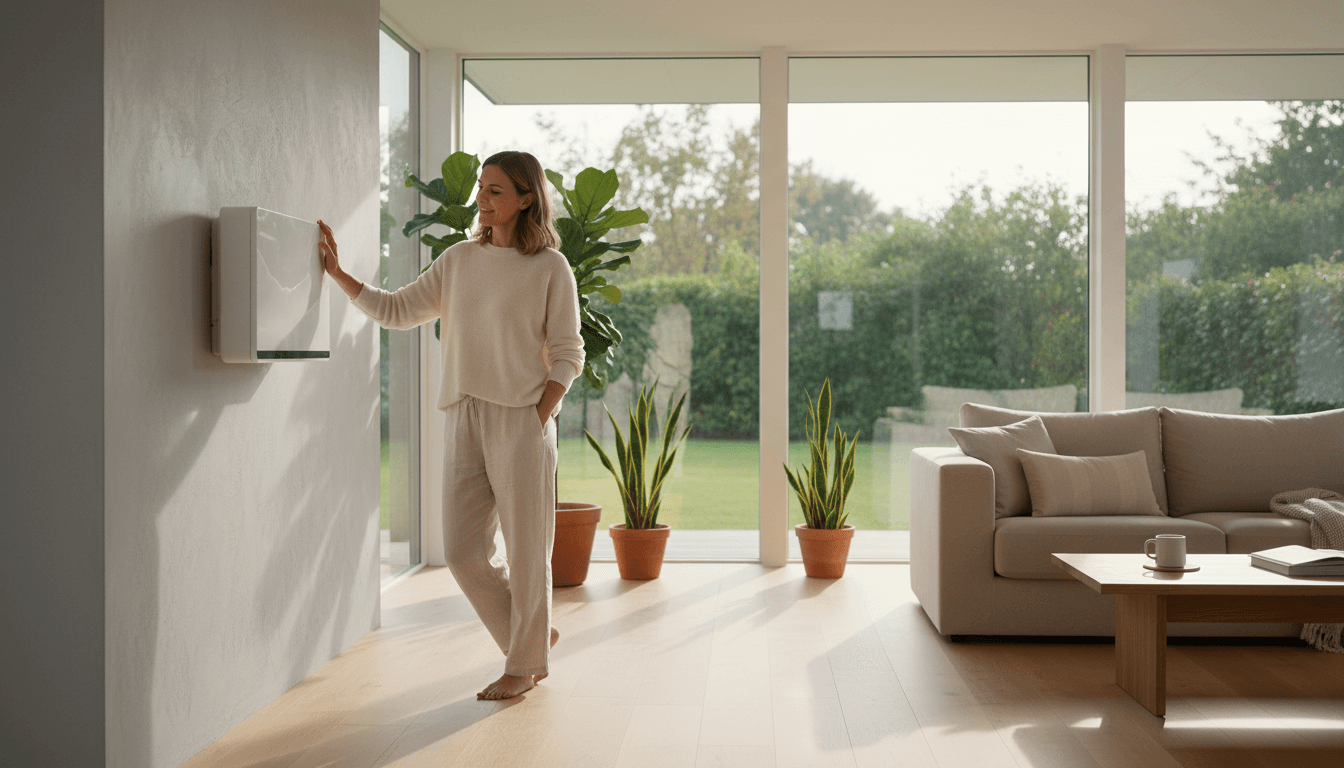 Homeowner relaxing in a bright, clean home near a well-maintained heat pump unit