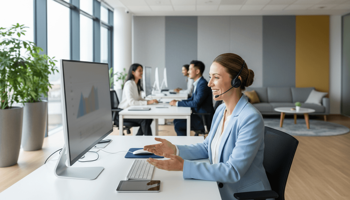 Smiling customer service representative in a modern, naturally lit office setting.