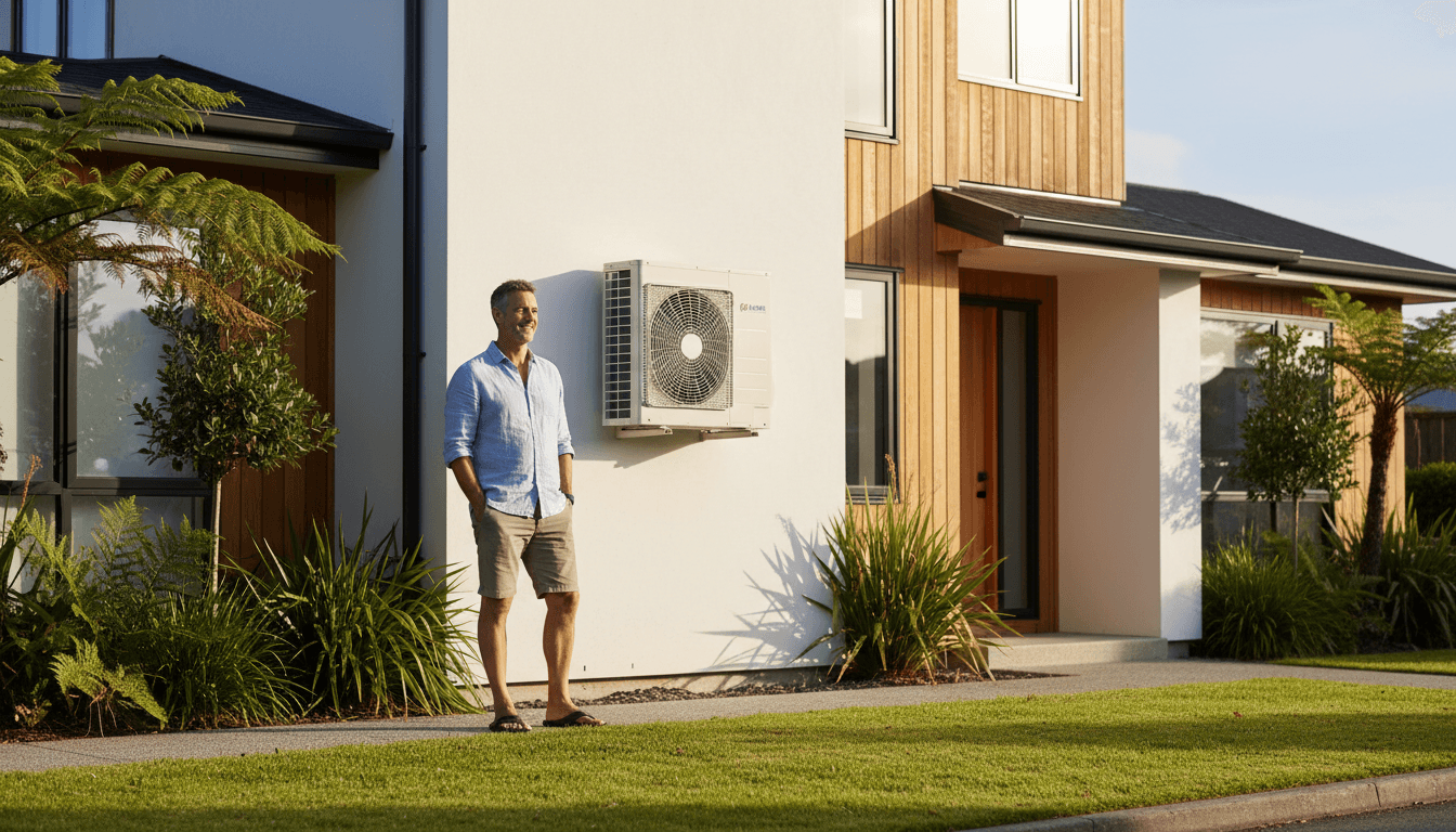 Modern Tasman home with a clean, well-maintained heat pump unit in bright afternoon light