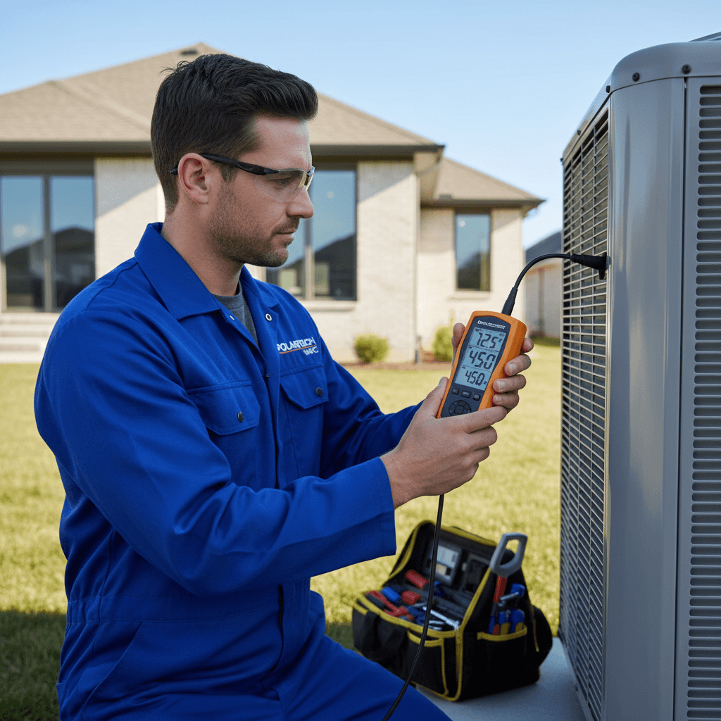 technician testing heat pump performance with temperature gauge after cleaning