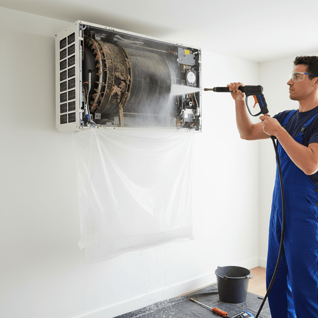 technician performing hydraulic flush on disassembled unit