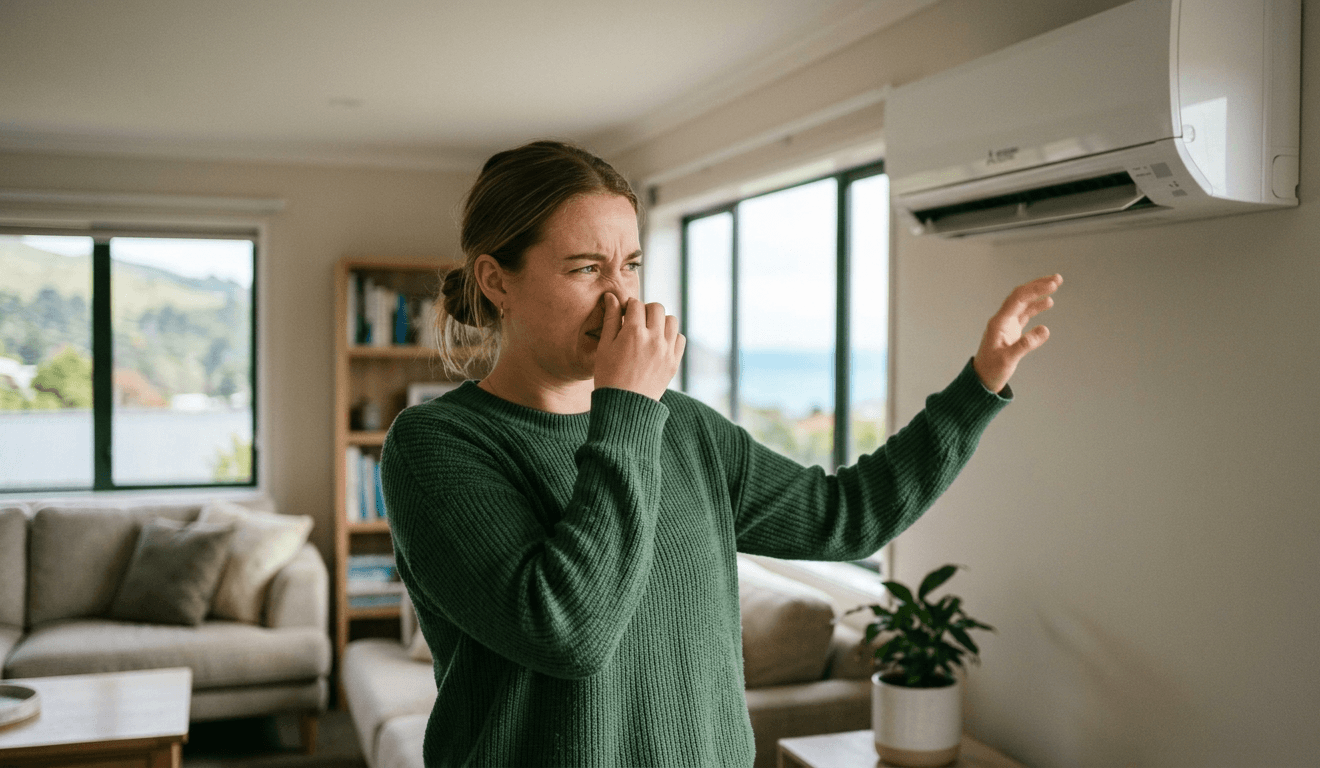 Woman pinching her nose in disgust while pointing toward a wall-mounted air conditioning unit.
