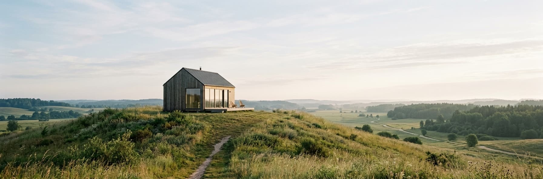 Modern wooden cabin on a grassy hill overlooking a vast landscape of rolling hills.