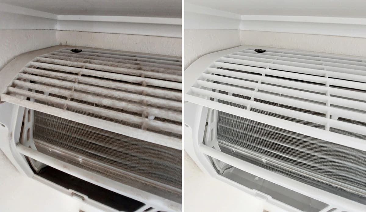 Side-by-side comparison of a dusty air conditioner unit before and after a thorough cleaning.