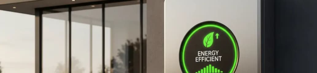 Glowing green energy efficient display with a leaf icon on a modern building's exterior.
