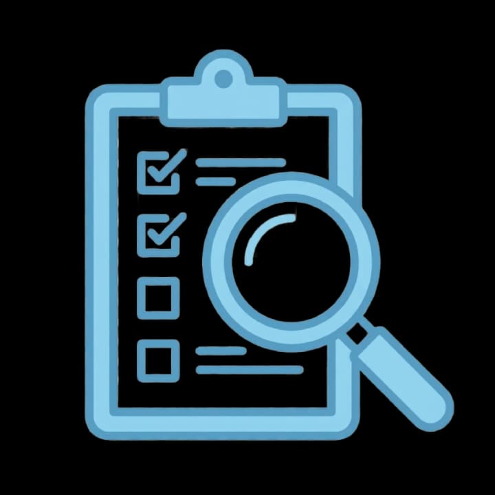 Light blue clipboard icon with a checklist and magnifying glass against a black background.