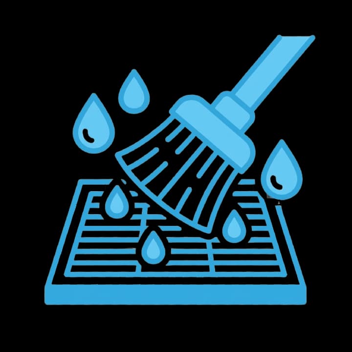 Blue icon of a brush cleaning a rectangular filter grate with splashing water droplets.