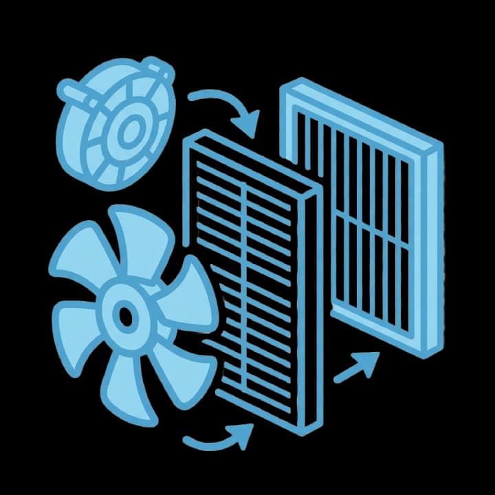 Blue line art of fans and air filters with arrows indicating air circulation and filtration.