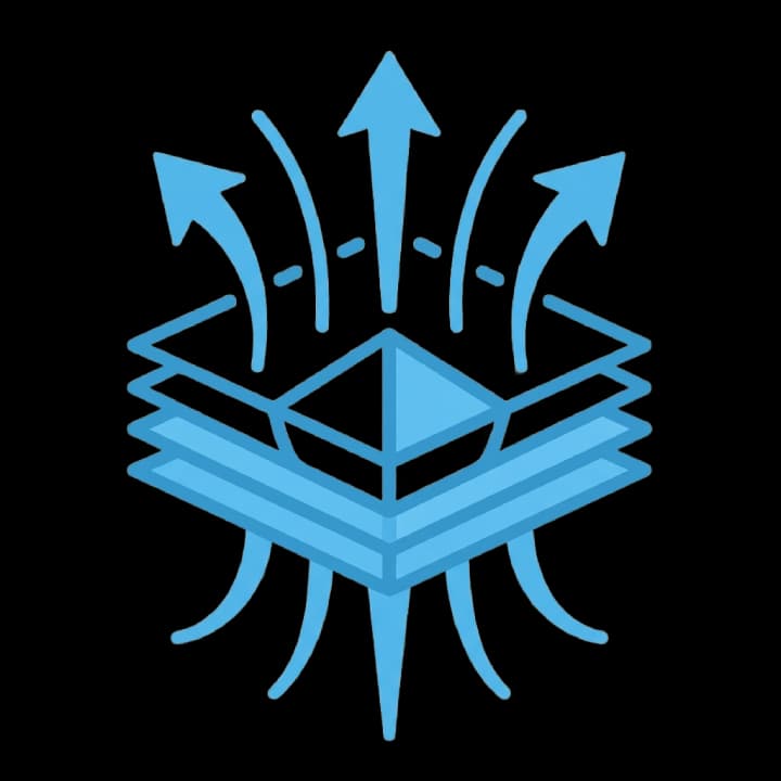Blue icon showing three stacked layers with arrows pointing upward, representing breathability and ventilation.