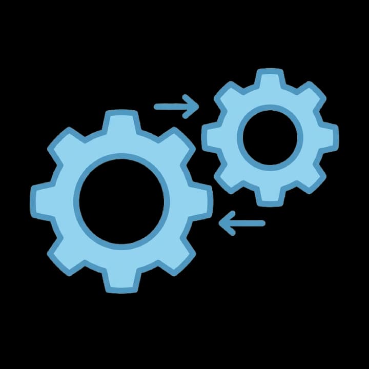 Two light blue gears with arrows pointing in opposite directions, symbolizing a bidirectional workflow.