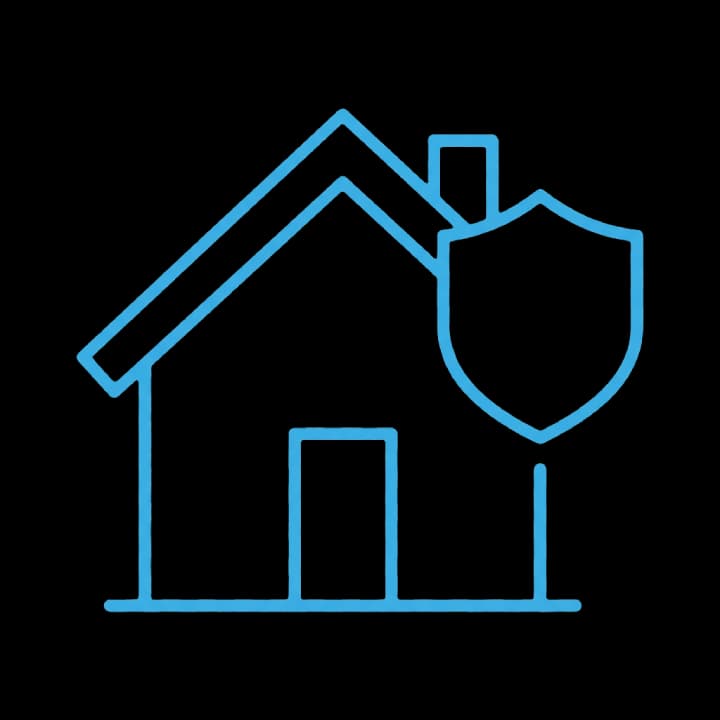 Blue outline of a house with a shield icon, representing home security and protection.